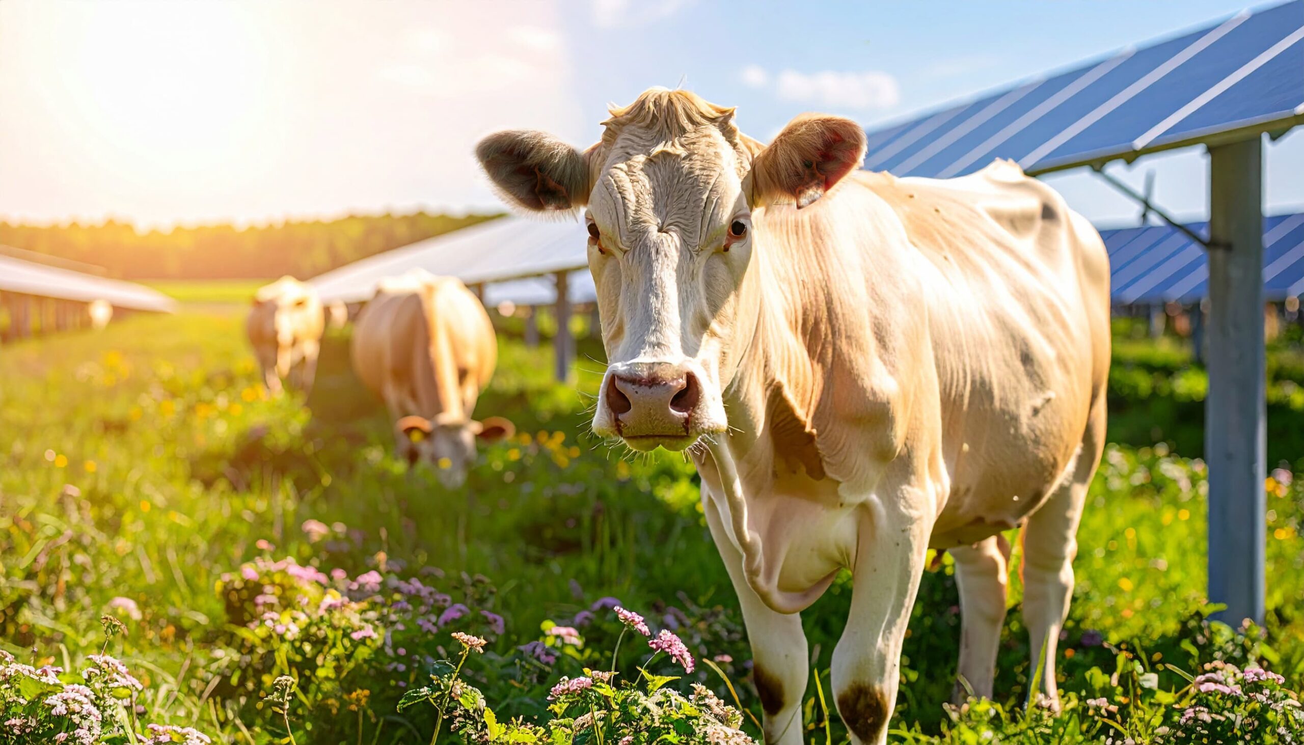 Vaches limousines dans un champ avec panneaux solaires